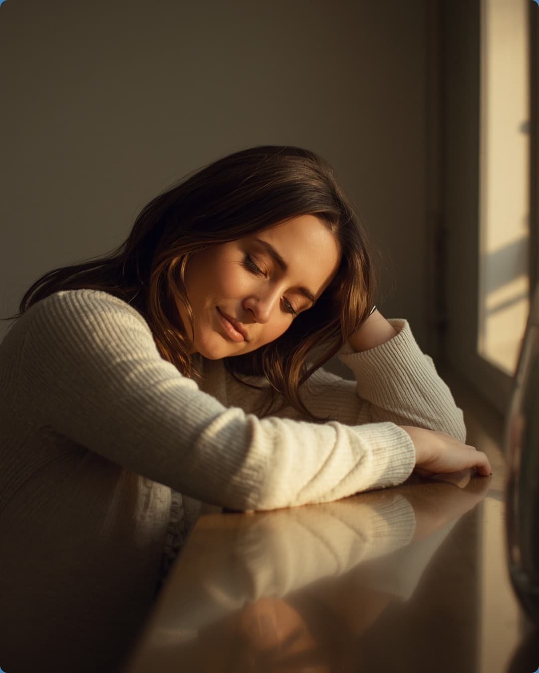 A mother resting her head on her arms in soft window light, eyes closed, a faint peaceful smile.